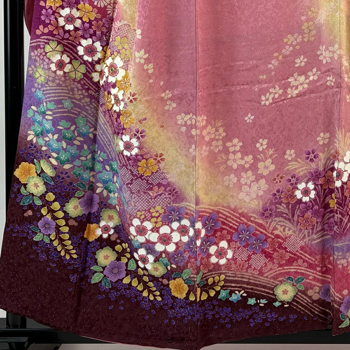 【美品】振袖禮服 身長155cm 袖長63.5cm S 雙層 櫻花 流水 金通 金絲 粉色 純蠶絲 名品級