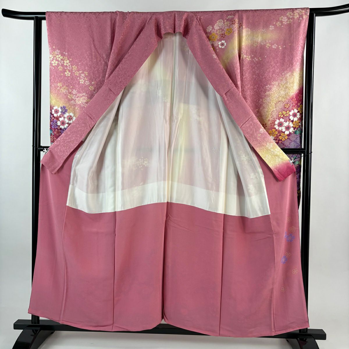 【美品】振袖禮服 身長155cm 袖長63.5cm S 雙層 櫻花 流水 金通 金絲 粉色 純蠶絲 名品級