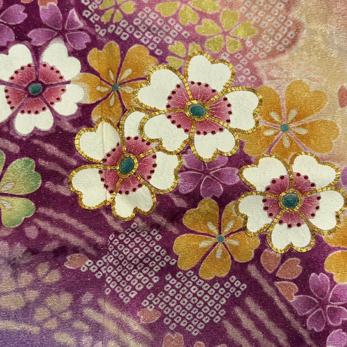 【美品】振袖禮服 身長155cm 袖長63.5cm S 雙層 櫻花 流水 金通 金絲 粉色 純蠶絲 名品級