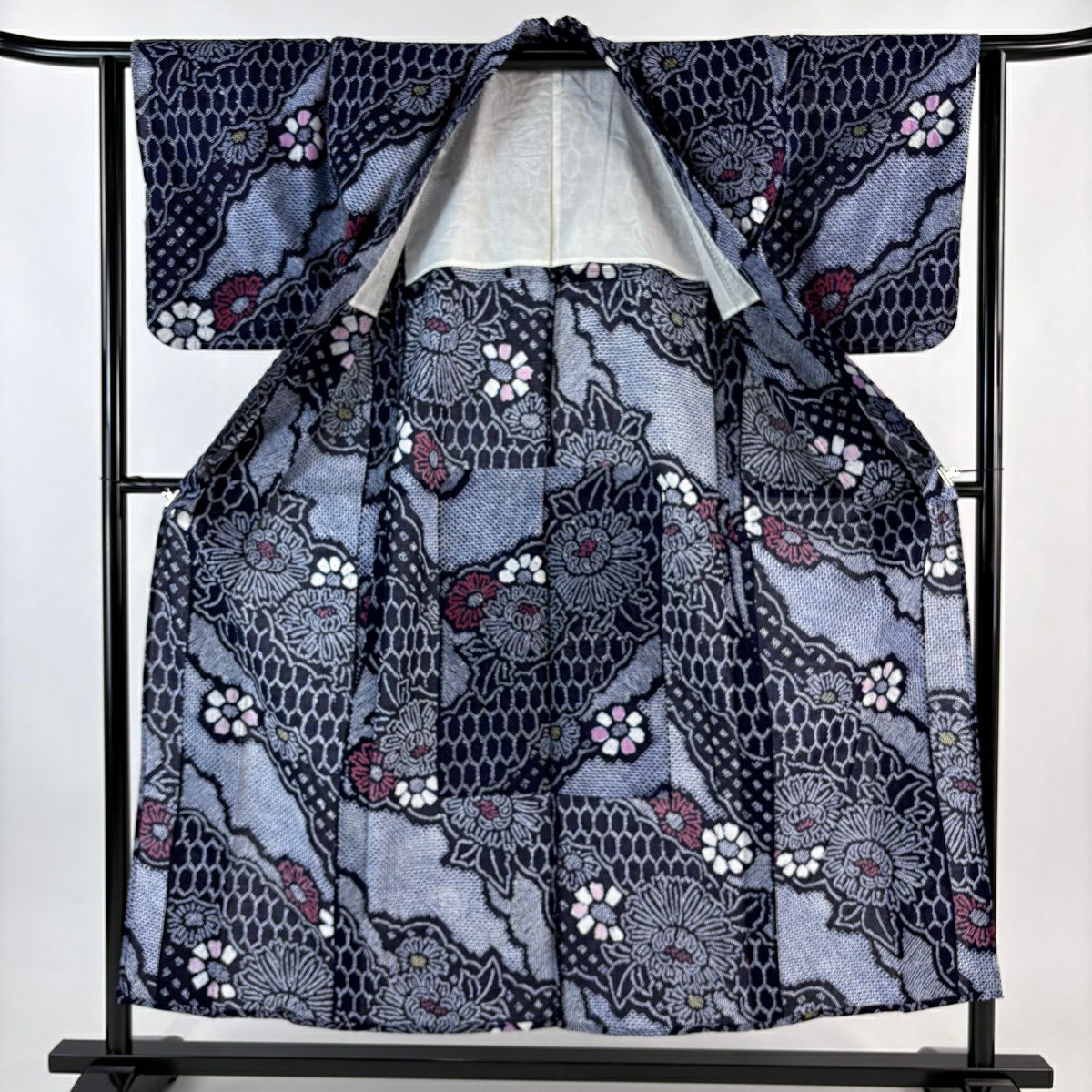 浴衣 身長151.5cm 袖長63.5cm S 絞染浴衣 草花紋紋 龜甲 深藍 純棉 名品級