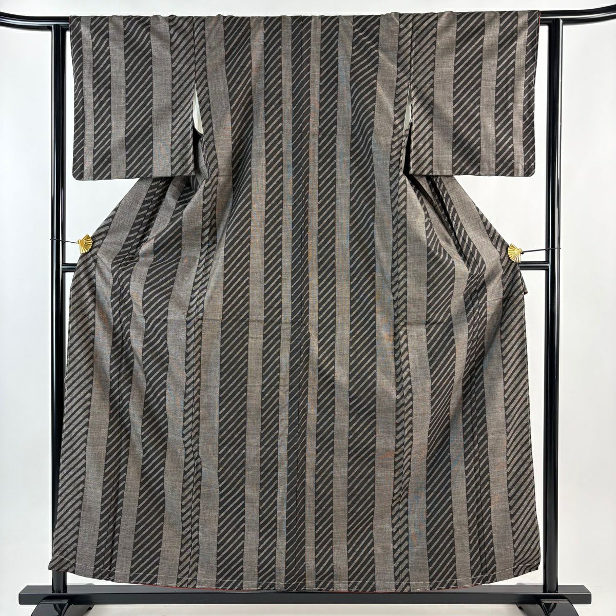 【美品】 紬織 身長156cm 袖長62cm S 雙層 條紋 龜甲絣 焦茶 純蠶絲 名品級