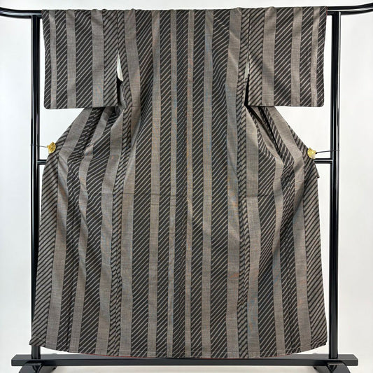 【美品】 紬織 身長156cm 袖長62cm S 雙層 條紋 龜甲絣 焦茶 純蠶絲 名品級