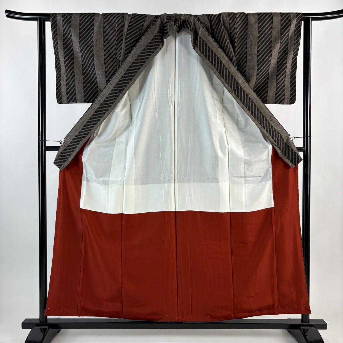 【美品】 紬織 身長156cm 袖長62cm S 雙層 條紋 龜甲絣 焦茶 純蠶絲 名品級
