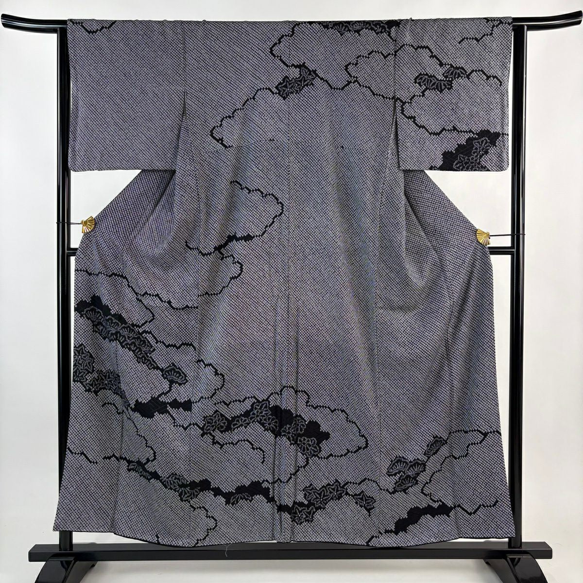 訪問服 身長154cm 袖長64cm M 雙層 雲文 笠松樹 總絞染 黑 純蠶絲 名品級