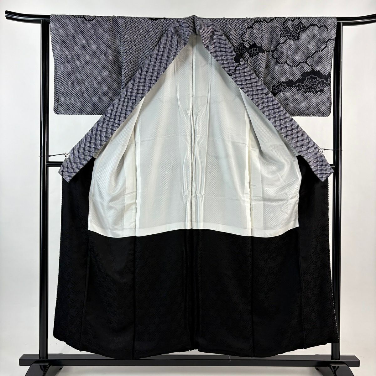 訪問服 身長154cm 袖長64cm M 雙層 雲文 笠松樹 總絞染 黑 純蠶絲 名品級