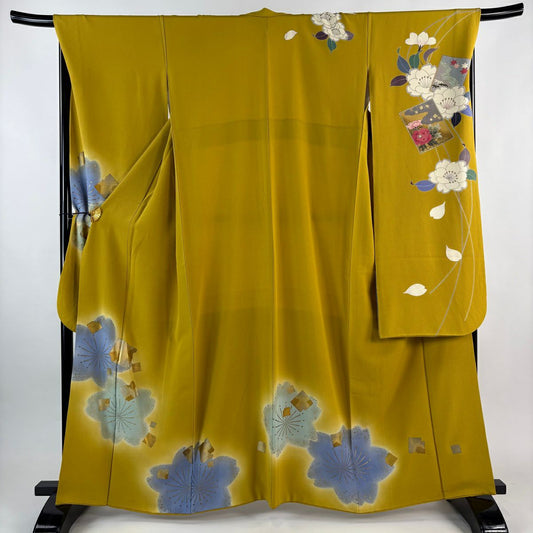 振袖禮服 身長161cm 袖長68.5cm L 雙層 櫻花 金金箔散佈圖案 金銀彩 漸層 芥末色 純蠶絲 名品級