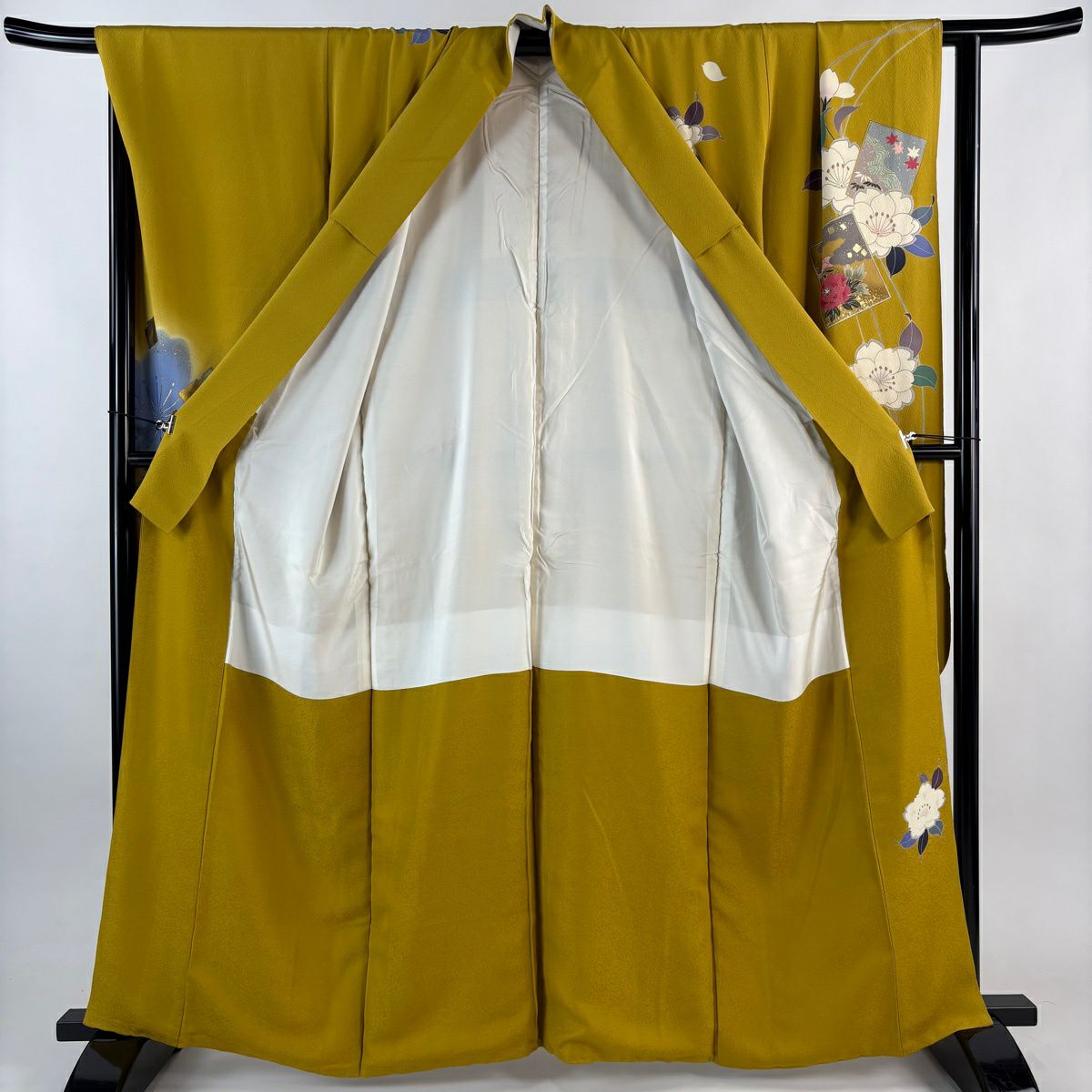 振袖禮服 身長161cm 袖長68.5cm L 雙層 櫻花 金金箔散佈圖案 金銀彩 漸層 芥末色 純蠶絲 名品級