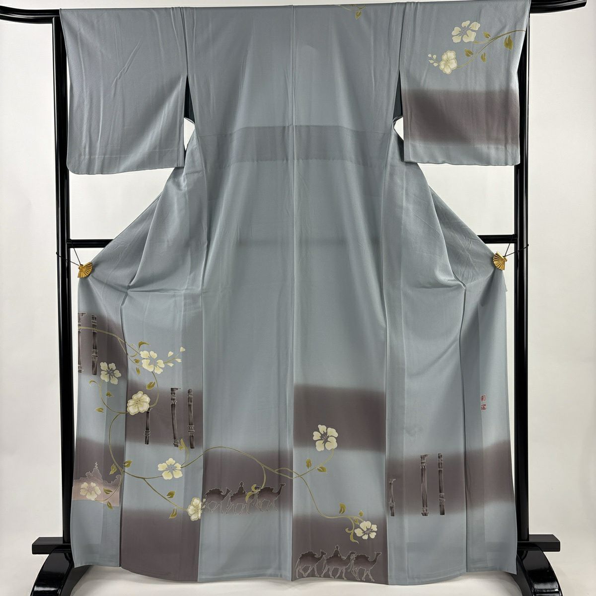 付下 身長167.5cm 袖長64.5cm M 單層 落款 花唐草紋 建物 漸層 青灰色 純蠶絲 名品級