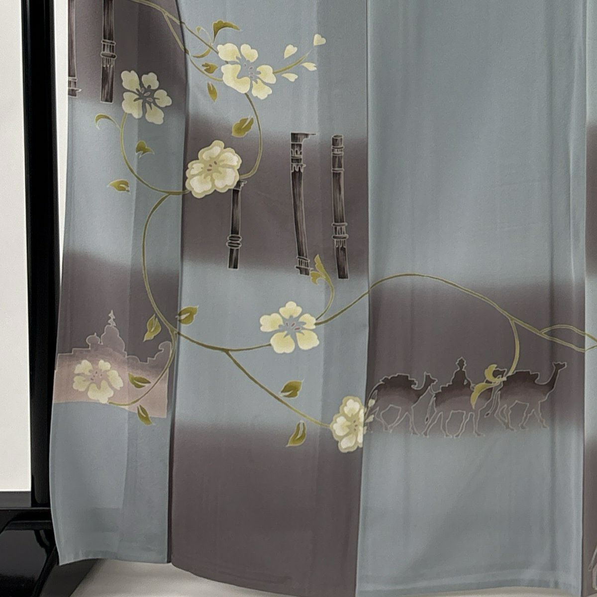 付下 身長167.5cm 袖長64.5cm M 單層 落款 花唐草紋 建物 漸層 青灰色 純蠶絲 名品級