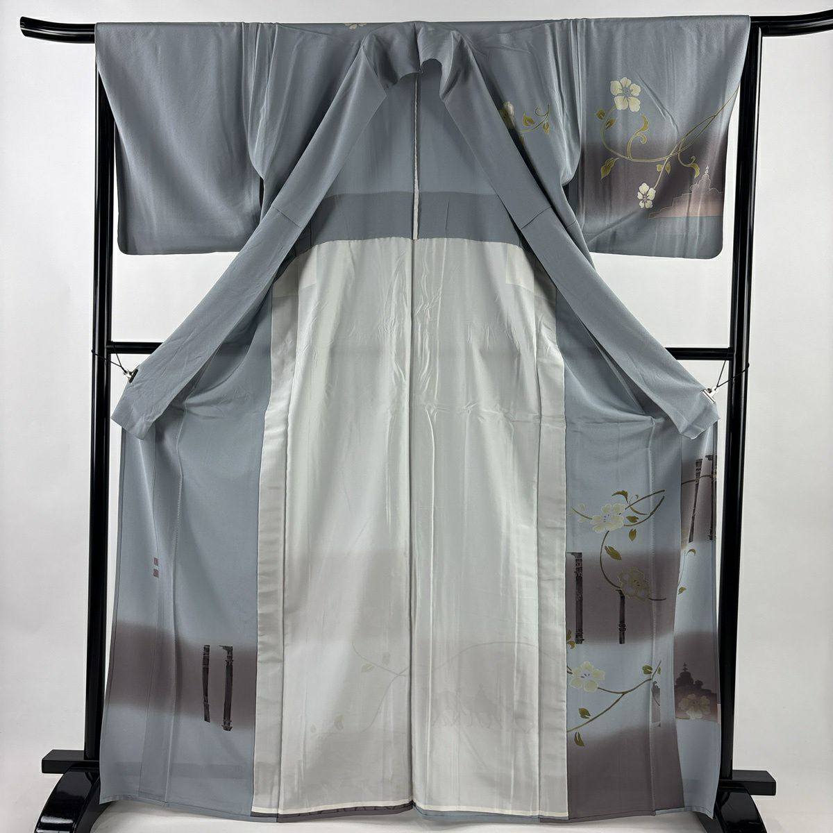 付下 身長167.5cm 袖長64.5cm M 單層 落款 花唐草紋 建物 漸層 青灰色 純蠶絲 名品級
