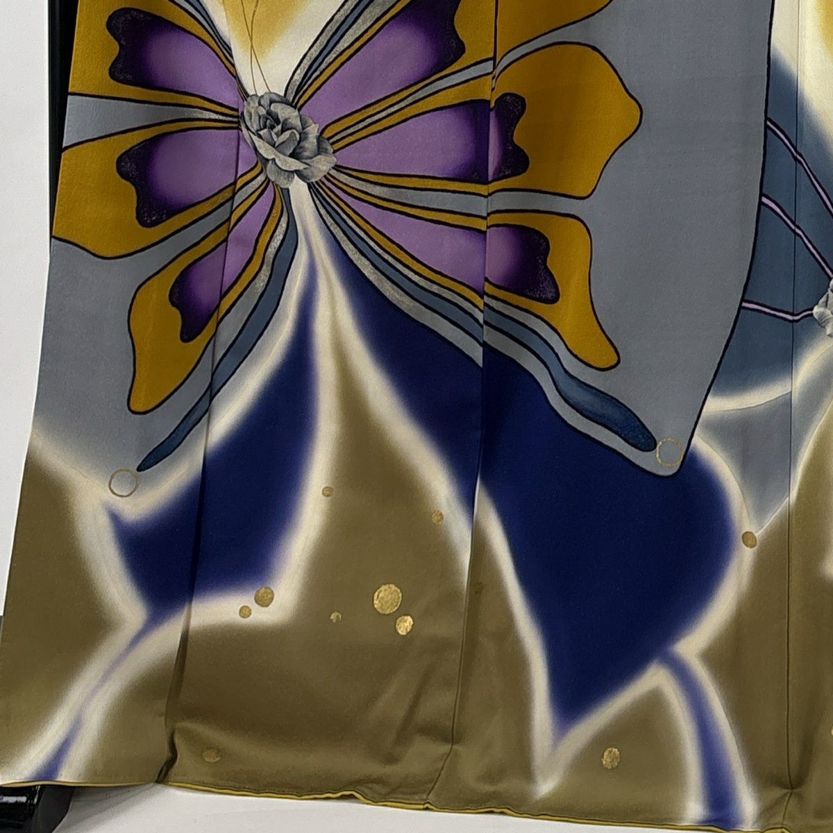 振袖禮服 身長172cm 袖長67.5cm L 雙層 千地泰弘 落款 薔薇 蝶 金通 金銀彩 芥末色 純蠶絲 名品級