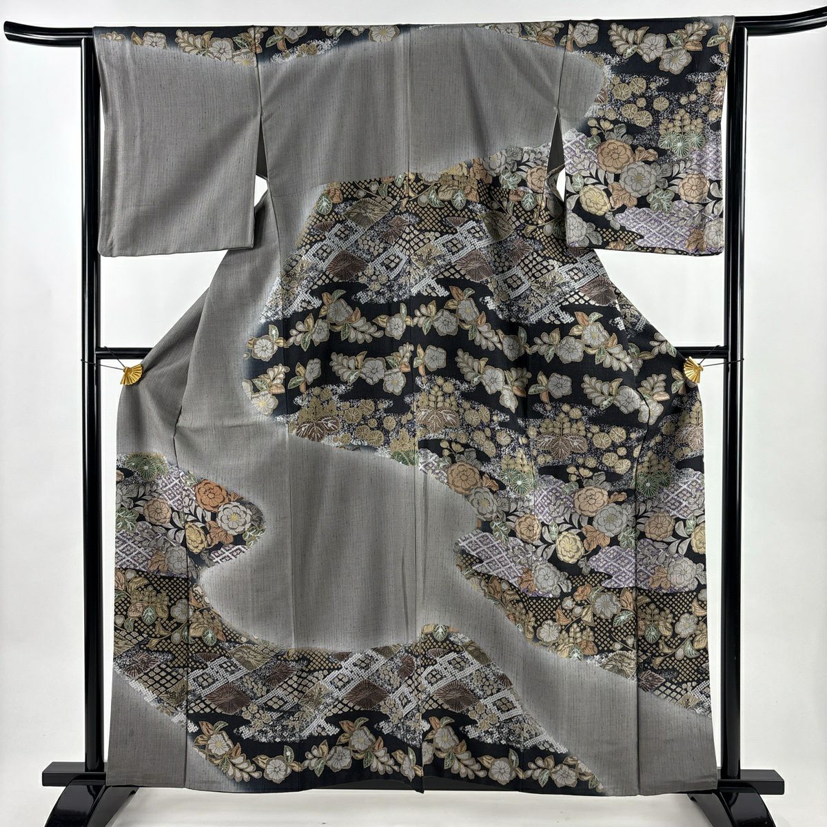 訪問服 身長159cm 袖長64.5cm M 雙層 紬織織 落款あり 草花紋紋 菱 金銀彩 灰 純蠶絲 名品級
