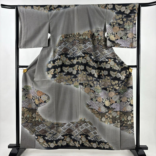 訪問服 身長159cm 袖長64.5cm M 雙層 紬織織 落款あり 草花紋紋 菱 金銀彩 灰 純蠶絲 名品級
