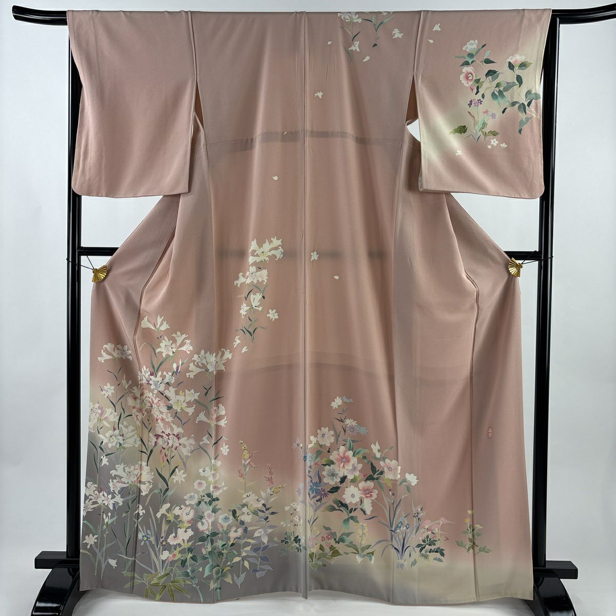 訪問服 身長166cm 袖長65cm M 雙層 落款 草花紋紋 漸層 粉米色 純蠶絲 名品級