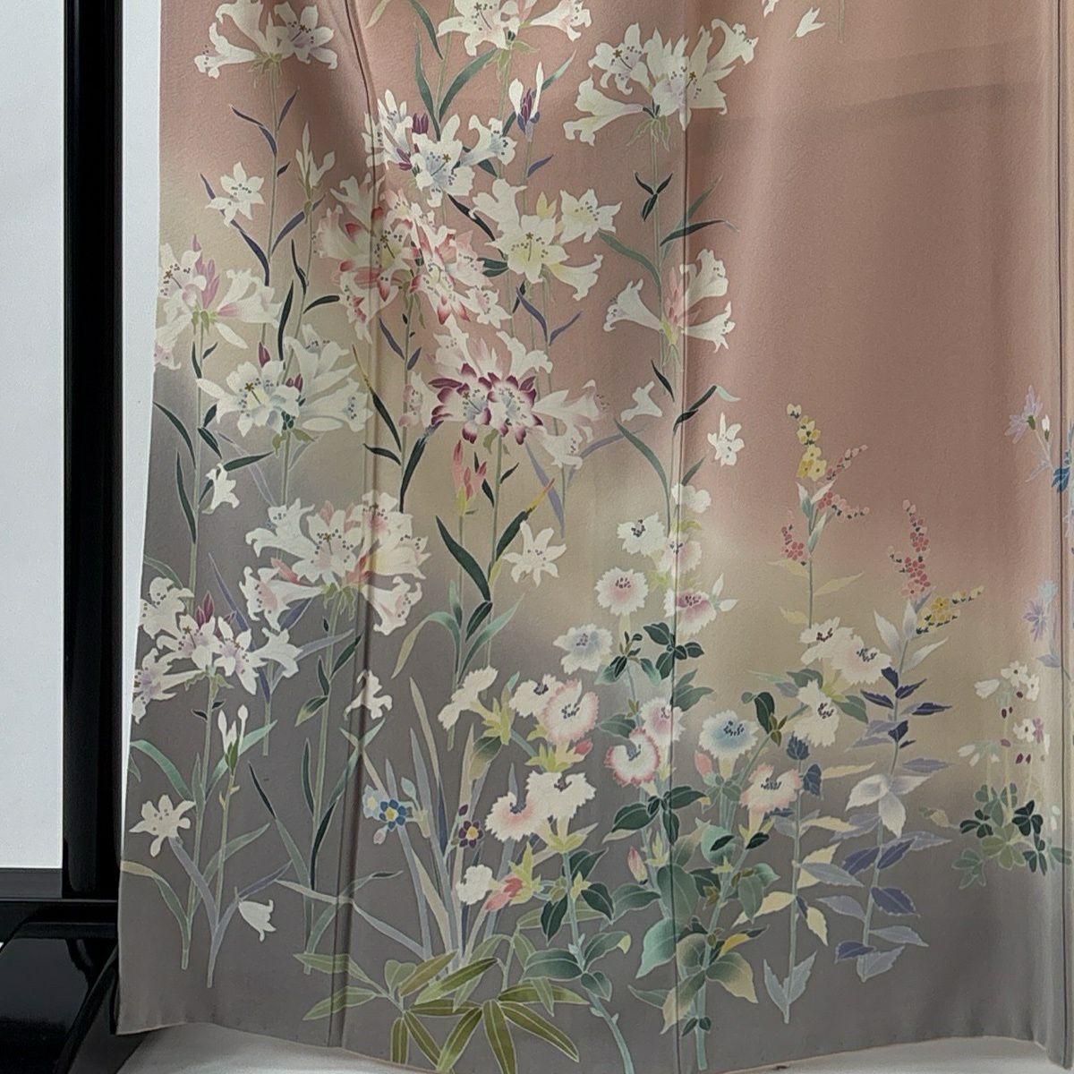 訪問服 身長166cm 袖長65cm M 雙層 落款 草花紋紋 漸層 粉米色 純蠶絲 名品級