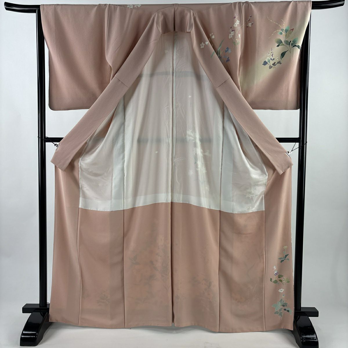 訪問服 身長166cm 袖長65cm M 雙層 落款 草花紋紋 漸層 粉米色 純蠶絲 名品級