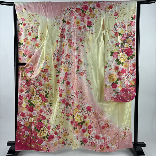 【美品】振袖禮服 身長163.5cm 袖長64cm M 雙層 牡丹 草花紋紋 金銀彩 薄黃 純蠶絲 名品級