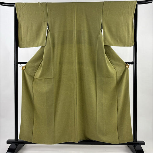 【美品】 小紋 身長158cm 袖長65cm M 雙層 墨流紋 縮緬 鶯色 純蠶絲 名品級