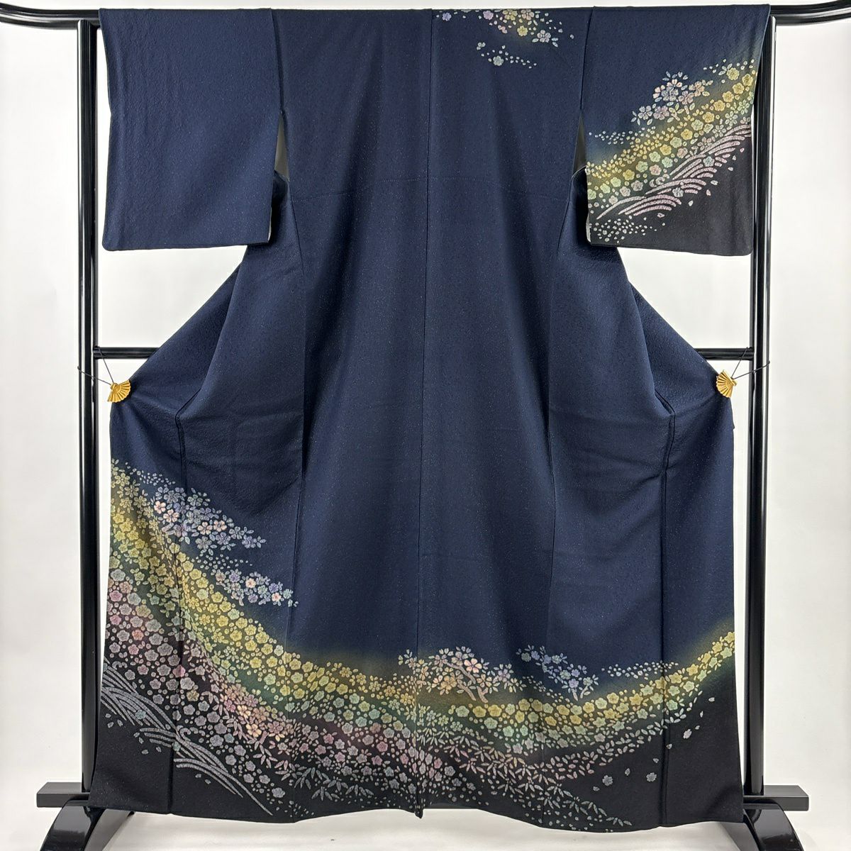 【美品】訪問服 身長163cm 袖長63.5cm S 雙層 草花紋紋 波 銀通し 波 深藍 純蠶絲 名品級