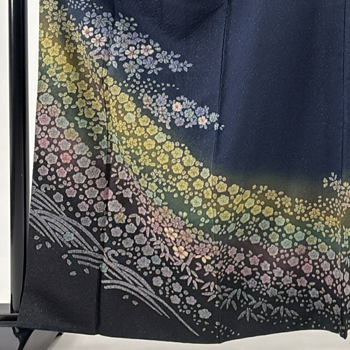【美品】訪問服 身長163cm 袖長63.5cm S 雙層 草花紋紋 波 銀通し 波 深藍 純蠶絲 名品級