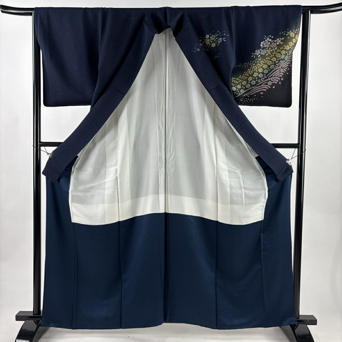 【美品】訪問服 身長163cm 袖長63.5cm S 雙層 草花紋紋 波 銀通し 波 深藍 純蠶絲 名品級