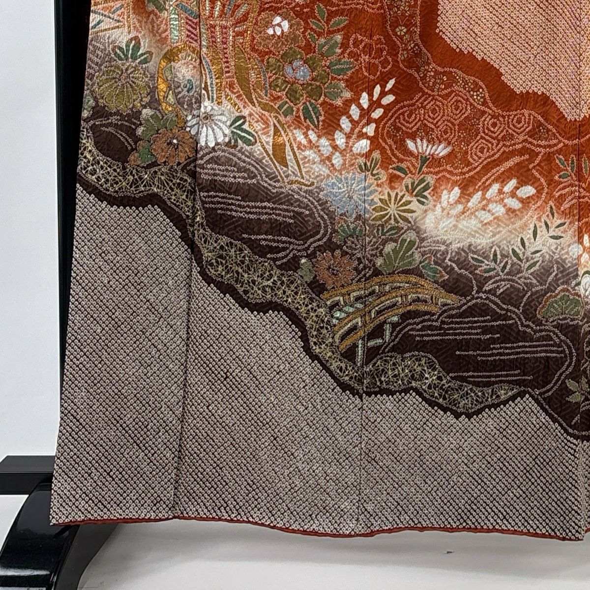 振袖禮服 身長164.5cm 袖長65cm M 雙層 大和 御所車 草花紋紋 絞染 金彩裝飾 紅茶 純蠶絲 名品級