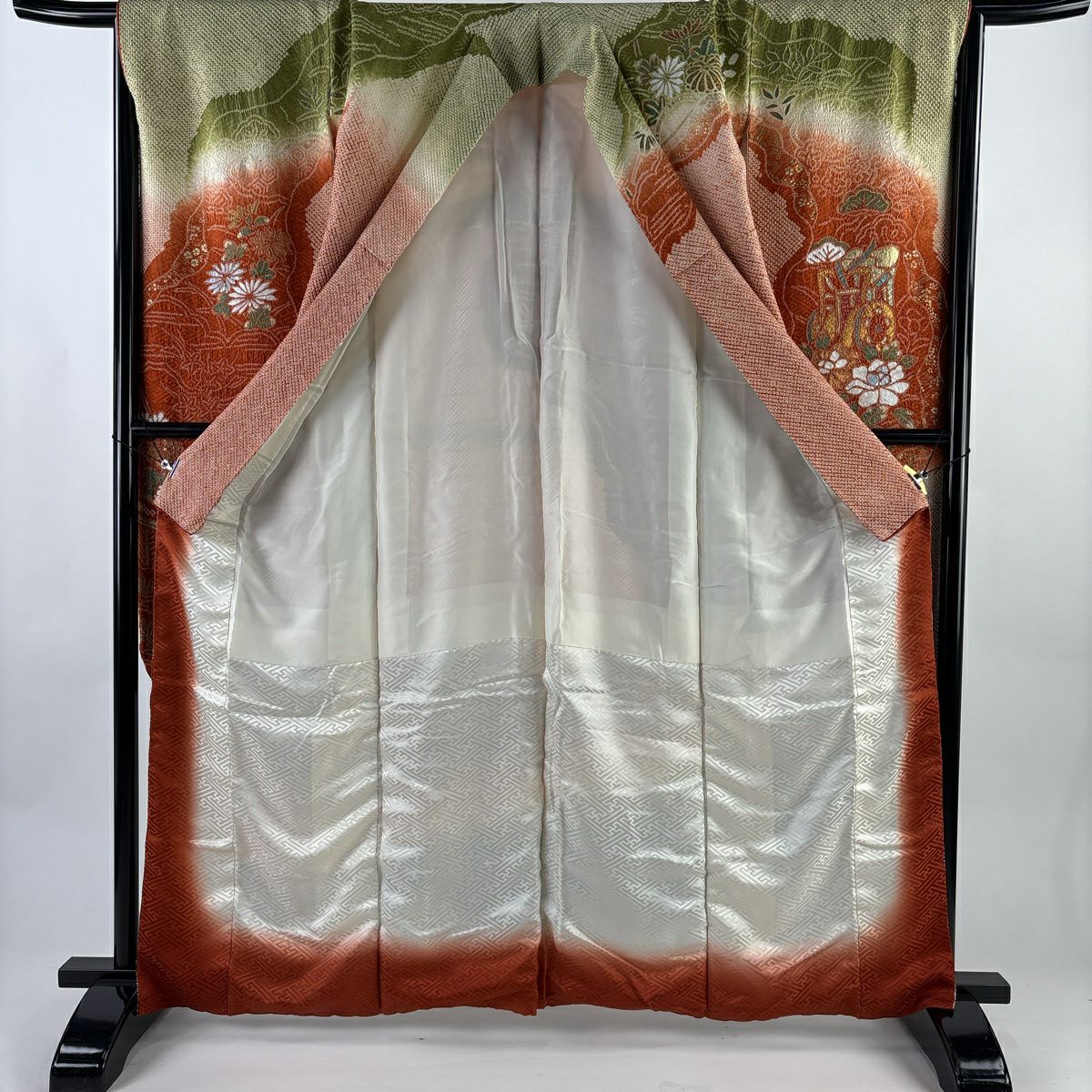 振袖禮服 身長164.5cm 袖長65cm M 雙層 大和 御所車 草花紋紋 絞染 金彩裝飾 紅茶 純蠶絲 名品級