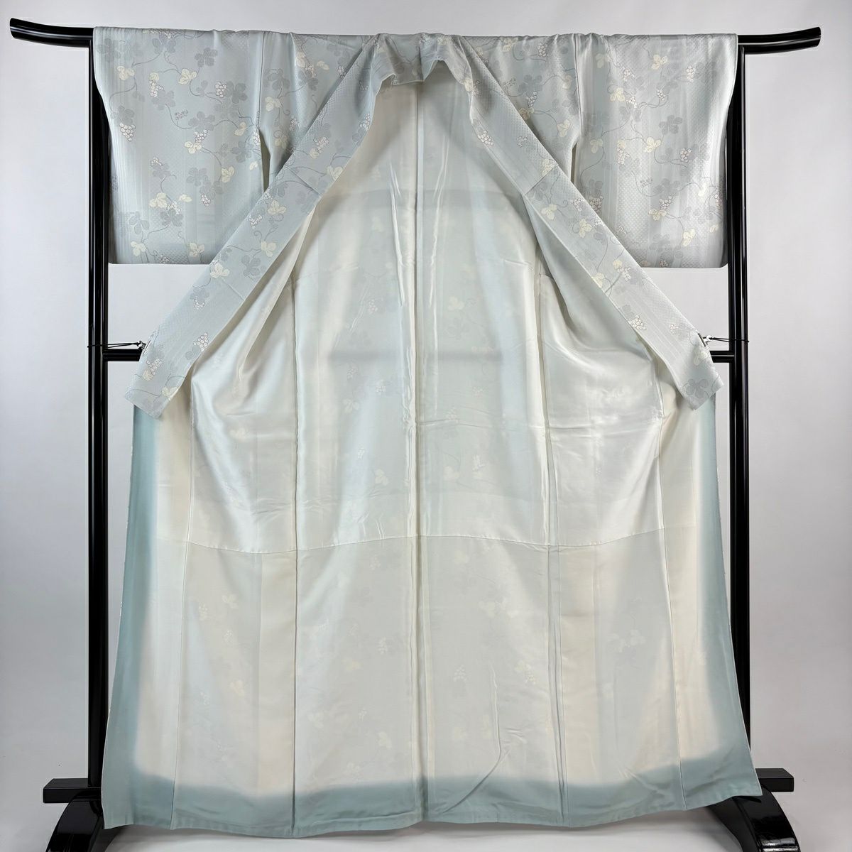 小紋 身長164.5cm 袖長65cm M 雙層 葡萄 縱條 薄綠 純蠶絲 名品級