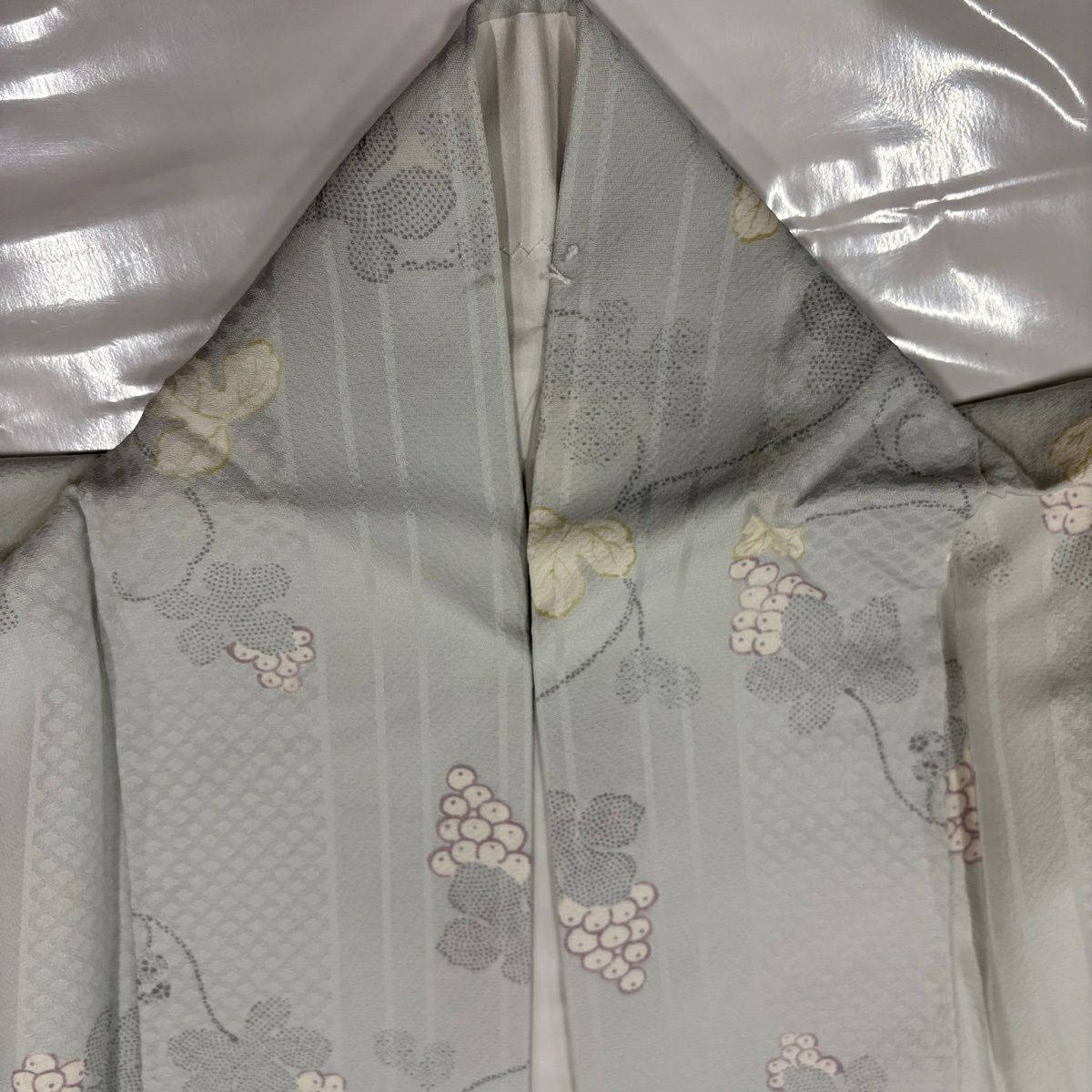 小紋 身長164.5cm 袖長65cm M 雙層 葡萄 縱條 薄綠 純蠶絲 名品級