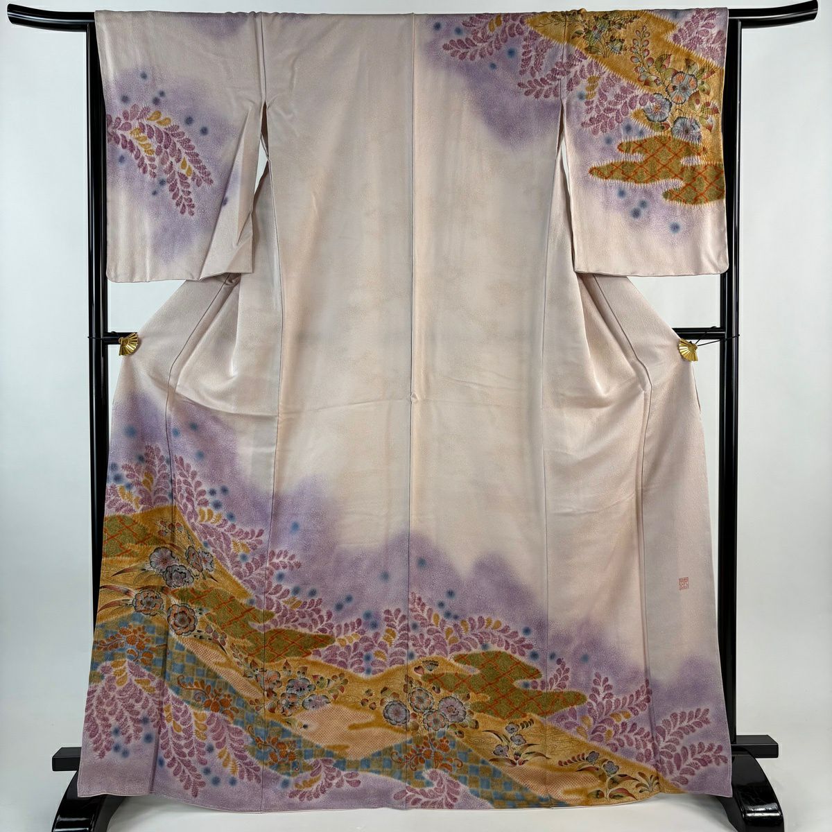 【美品】訪問服 身長166cm 袖長65cm M 雙層 落款あり 辻花染 松樹皮菱 金通し 絞染 淺粉色 純蠶絲 名品級