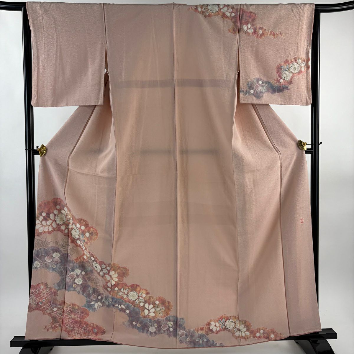 訪問服 身長159.5cm 袖長63.5cm S 雙層 滝泰 落款あり 辻花染 雲文 縮緬 粉米色 純蠶絲 名品級