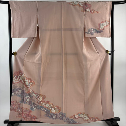 訪問服 身長159.5cm 袖長63.5cm S 雙層 滝泰 落款あり 辻花染 雲文 縮緬 粉米色 純蠶絲 名品級