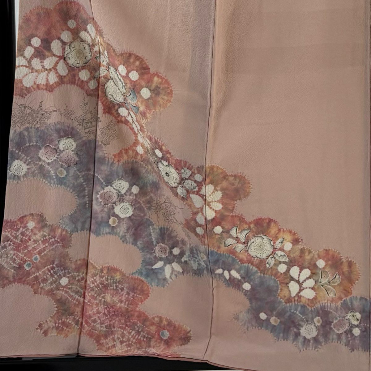 訪問服 身長159.5cm 袖長63.5cm S 雙層 滝泰 落款あり 辻花染 雲文 縮緬 粉米色 純蠶絲 名品級