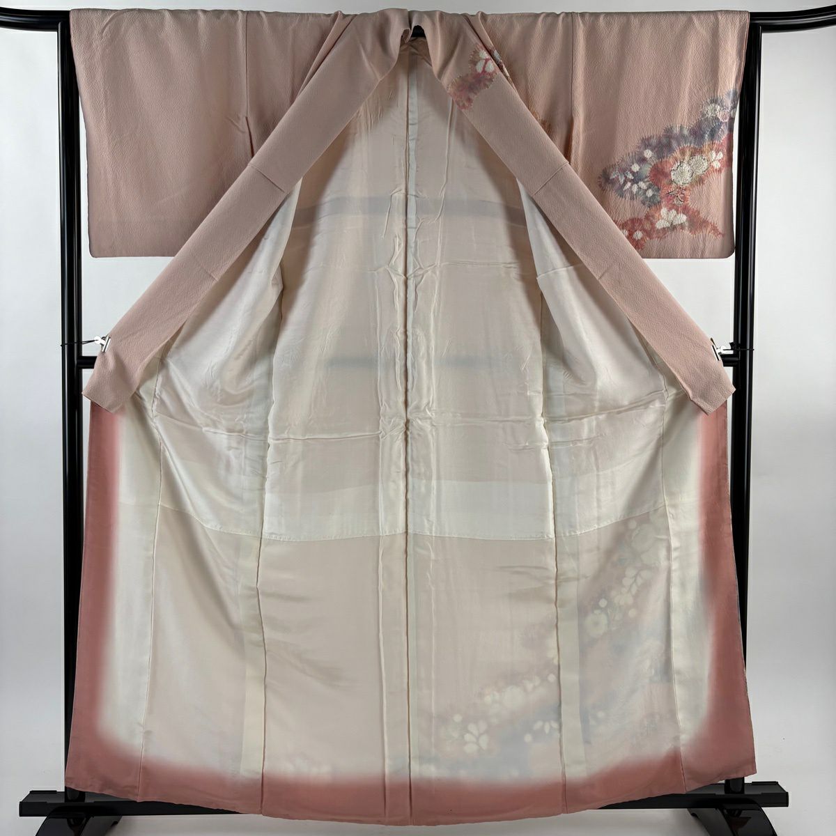 訪問服 身長159.5cm 袖長63.5cm S 雙層 滝泰 落款あり 辻花染 雲文 縮緬 粉米色 純蠶絲 名品級