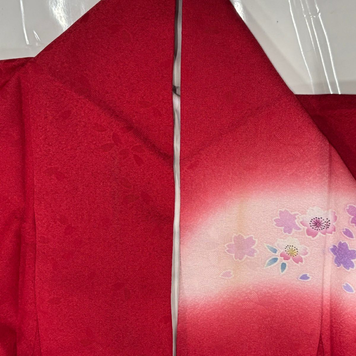 振袖禮服 身長174cm 袖長68.5cm L 雙層 可洗和服櫻花流水漸變染紅 化纖 名品級
