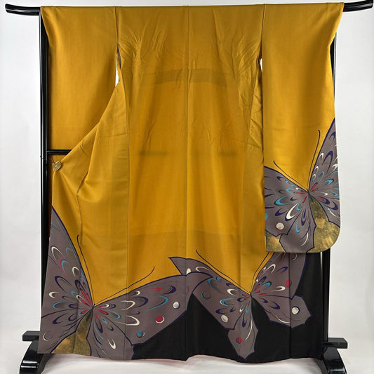 振袖禮服 身長166.5cm 袖長68cm L 雙層 蝶 金銀彩 金通 山吹 純蠶絲 名品級