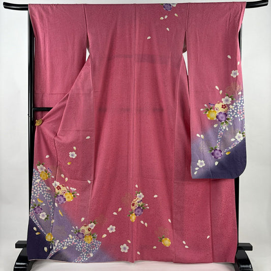 振袖禮服 身長168.5cm 袖長68cm L 雙層 櫻花 鞠 金彩裝飾 染分 粉紅 純蠶絲 名品級