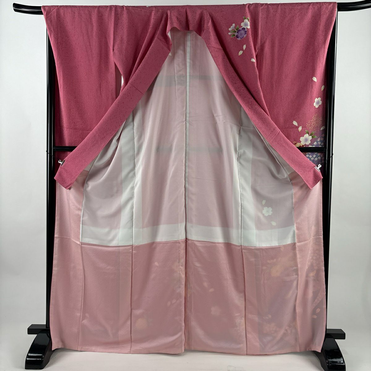振袖禮服 身長168.5cm 袖長68cm L 雙層 櫻花 鞠 金彩裝飾 染分 粉紅 純蠶絲 名品級