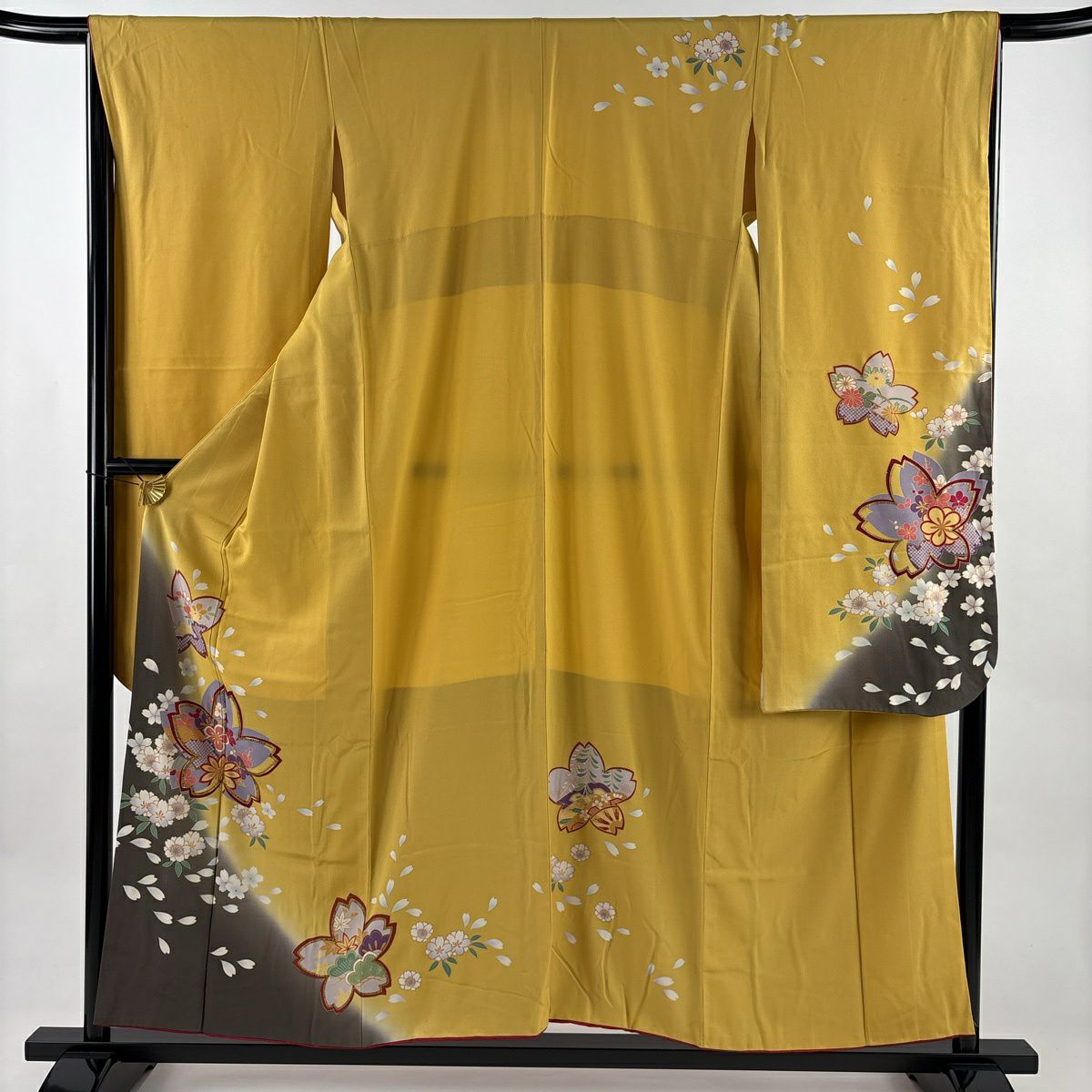 振袖禮服 身長155.5cm 袖長67cm M 雙層 樱花 樱花花瓣 金絲 金銀彩 黃 純蠶絲 名品級