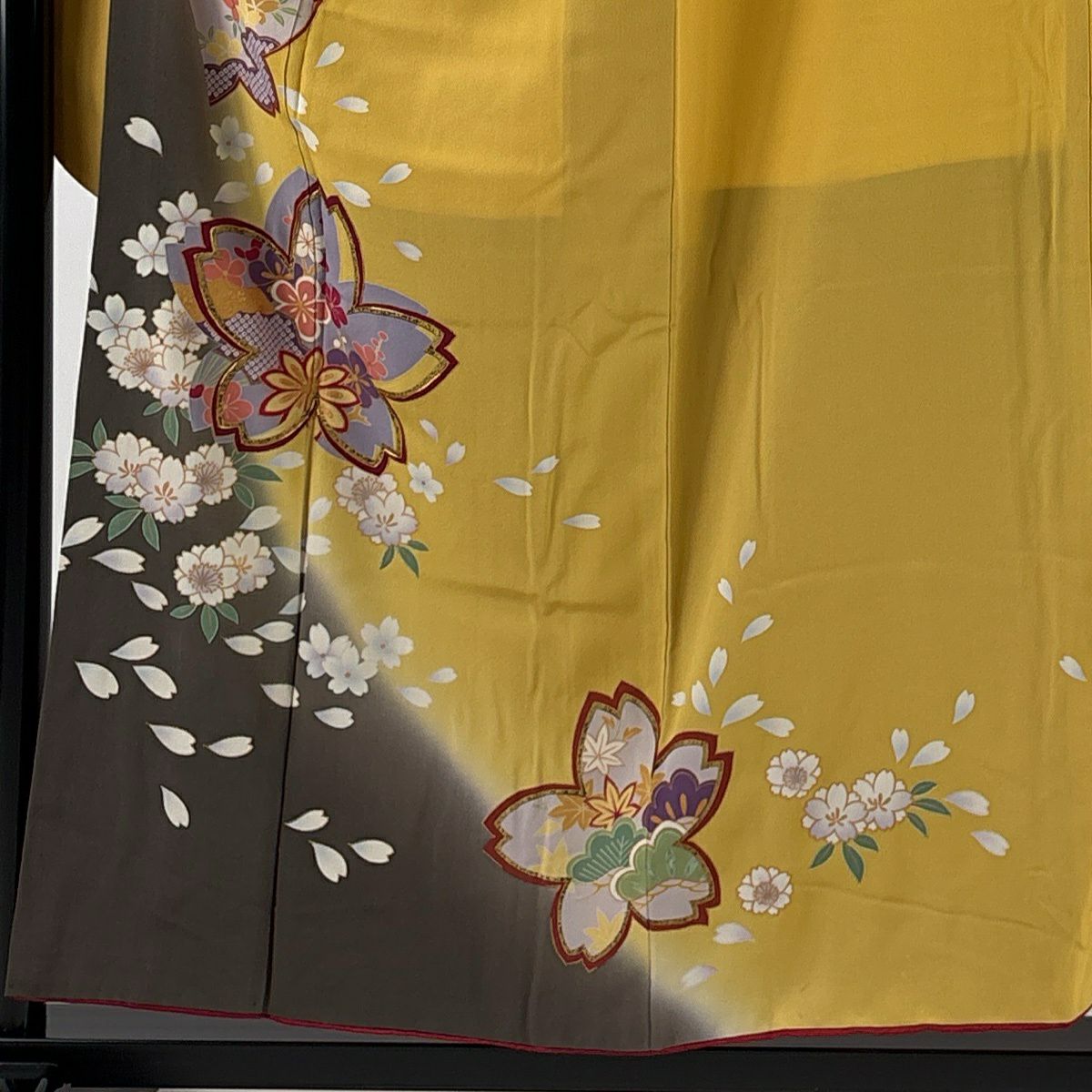 振袖禮服 身長155.5cm 袖長67cm M 雙層 樱花 樱花花瓣 金絲 金銀彩 黃 純蠶絲 名品級