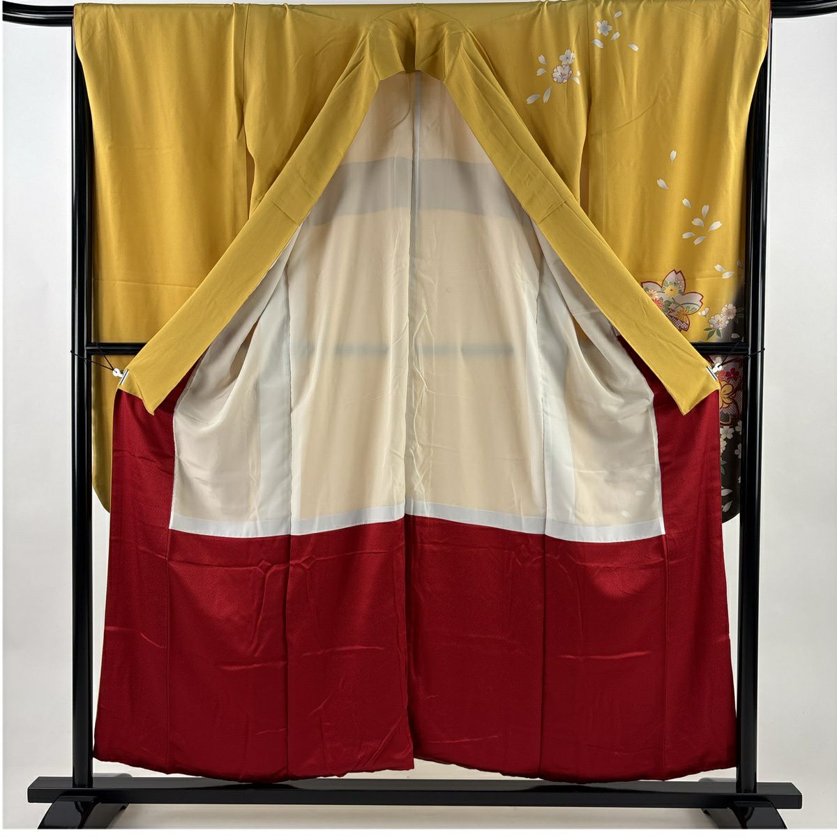 振袖禮服 身長155.5cm 袖長67cm M 雙層 樱花 樱花花瓣 金絲 金銀彩 黃 純蠶絲 名品級