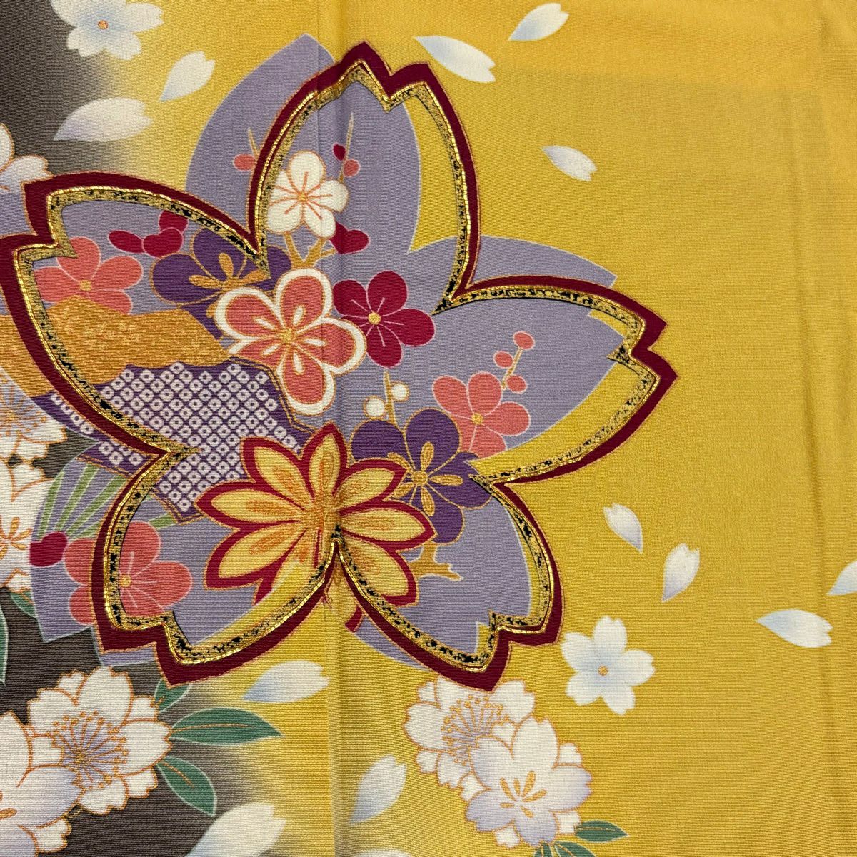 振袖禮服 身長155.5cm 袖長67cm M 雙層 樱花 樱花花瓣 金絲 金銀彩 黃 純蠶絲 名品級