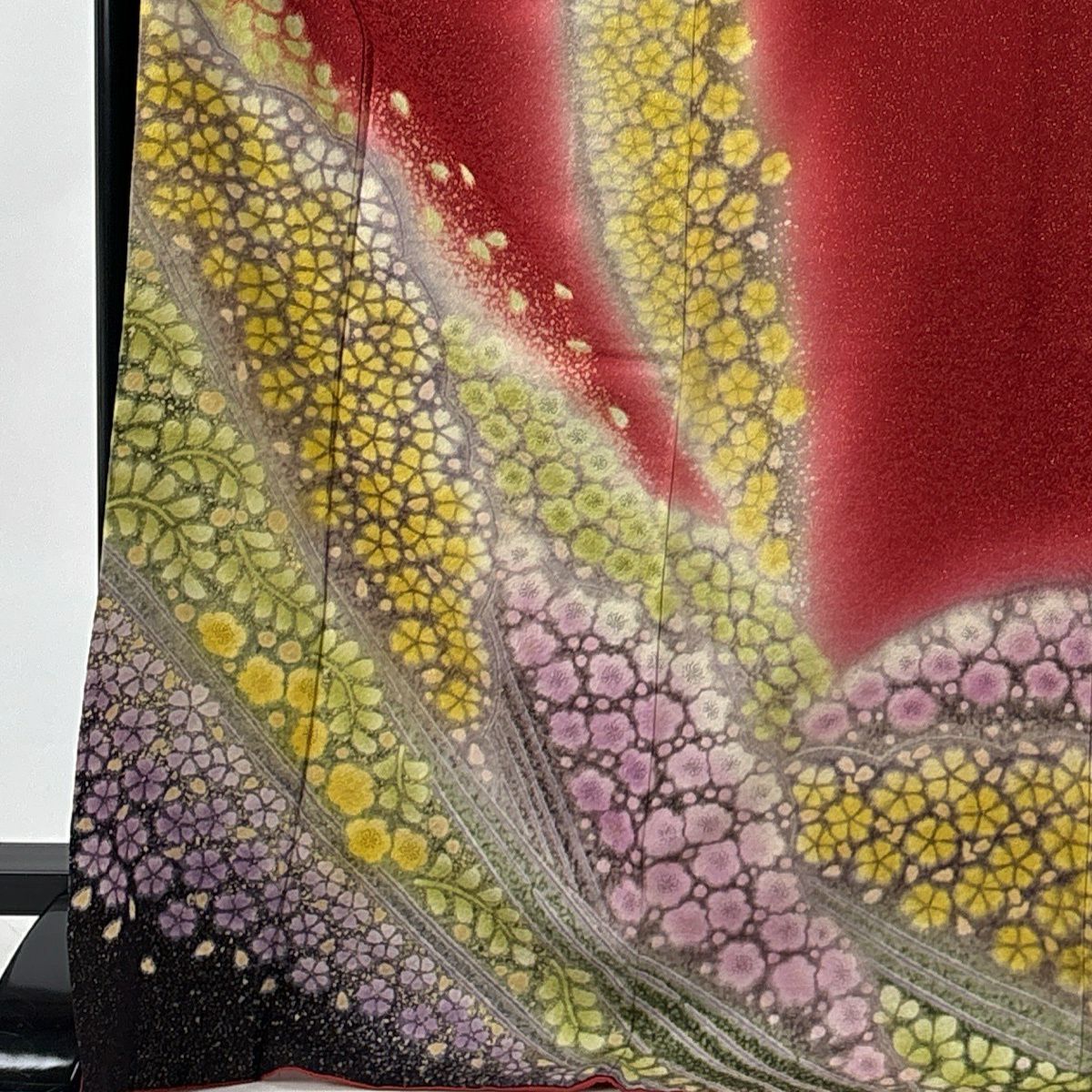 振袖禮服 身長174cm 袖長69cm L 雙層 櫻花 梅花花 金彩裝飾 染分 紅 純蠶絲 名品級