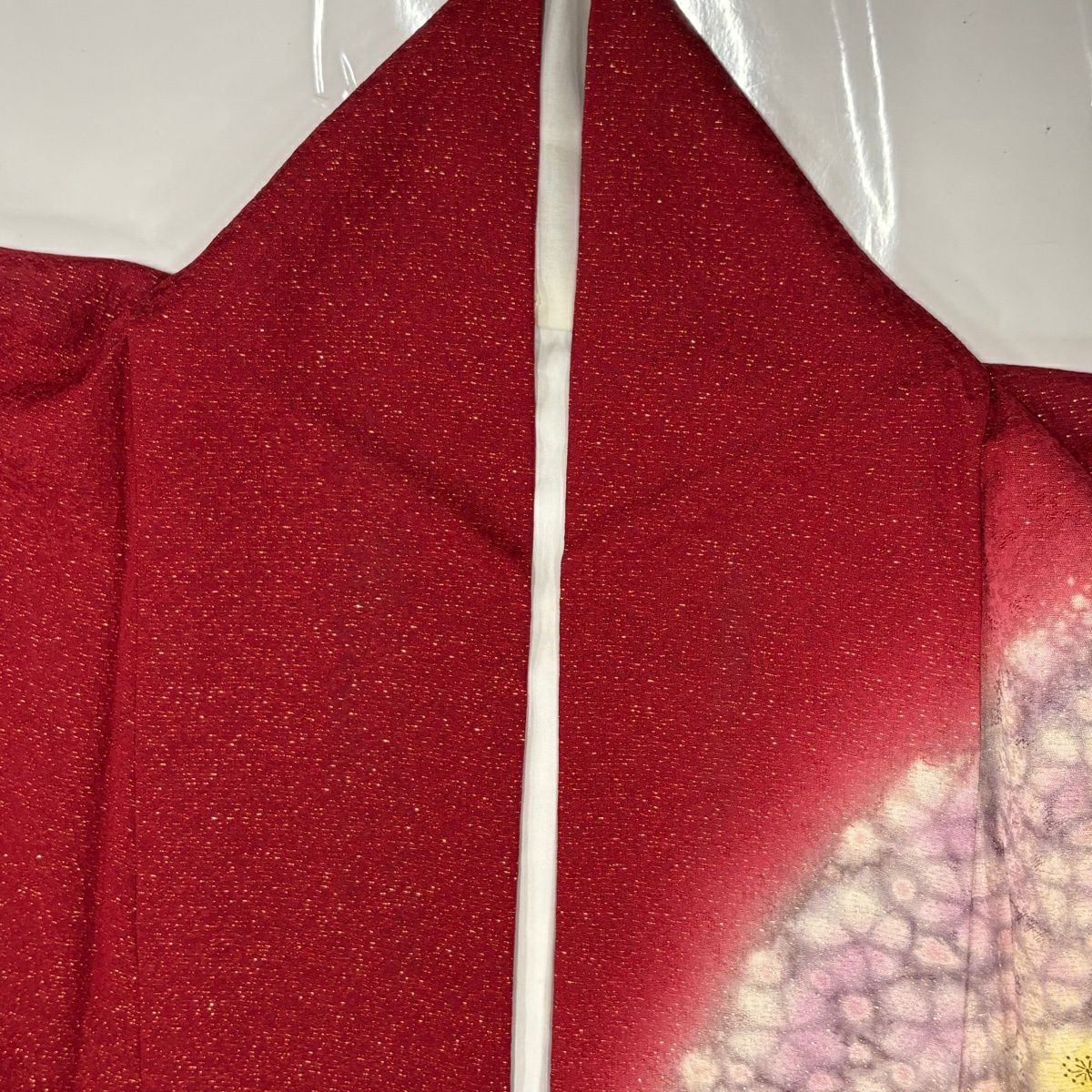 振袖禮服 身長174cm 袖長69cm L 雙層 櫻花 梅花花 金彩裝飾 染分 紅 純蠶絲 名品級
