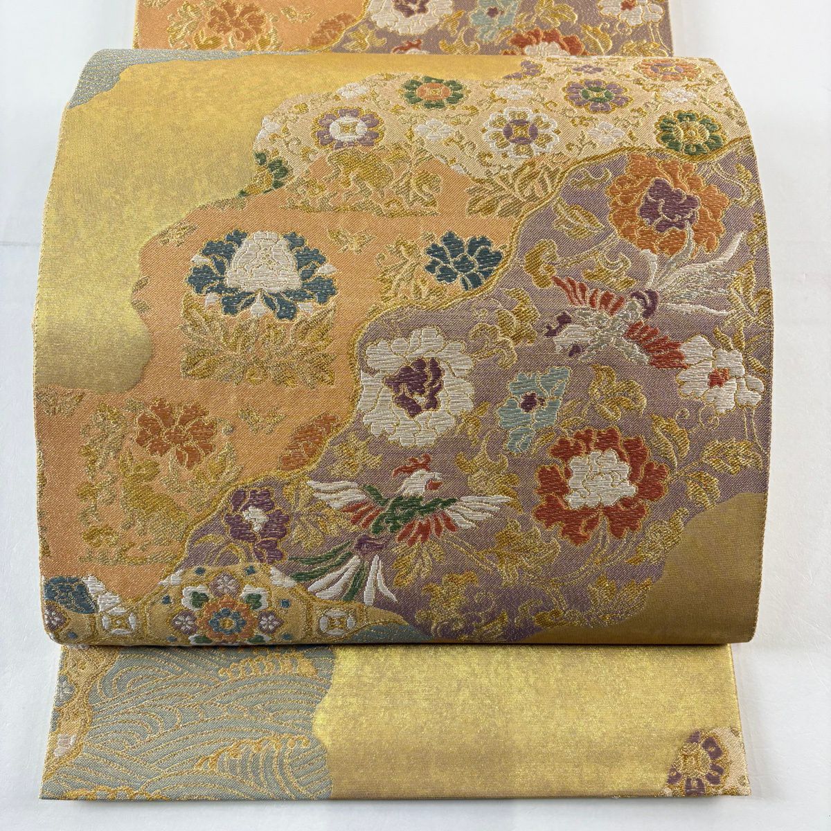【美品】 袋帶 秀品級 草花紋紋 波 金絲刺繡 金色 六通 純蠶絲