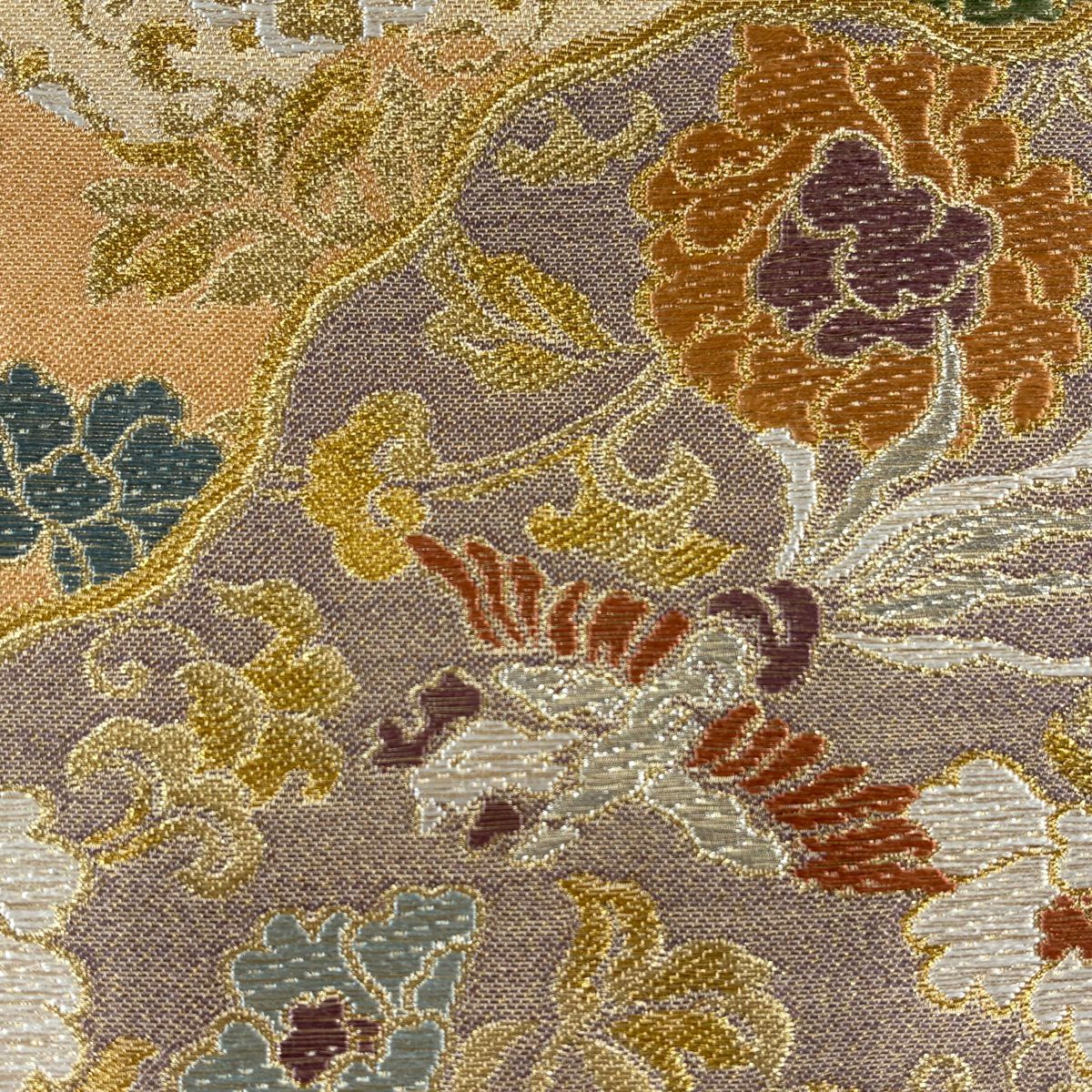 【美品】 袋帶 秀品級 草花紋紋 波 金絲刺繡 金色 六通 純蠶絲