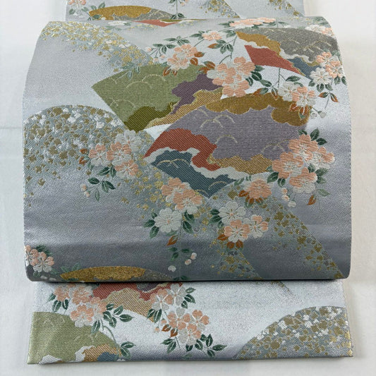 袋帶 秀品級 櫻花 扇子面 刺繡 金金箔 灰 深藍 六通 純蠶絲