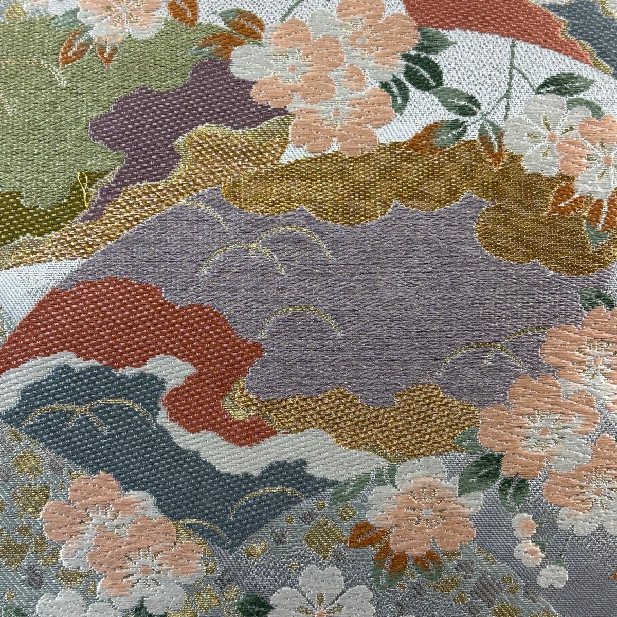 袋帶 秀品級 櫻花 扇子面 刺繡 金金箔 灰 深藍 六通 純蠶絲