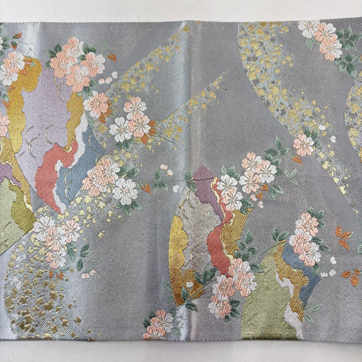 袋帶 秀品級 櫻花 扇子面 刺繡 金金箔 灰 深藍 六通 純蠶絲