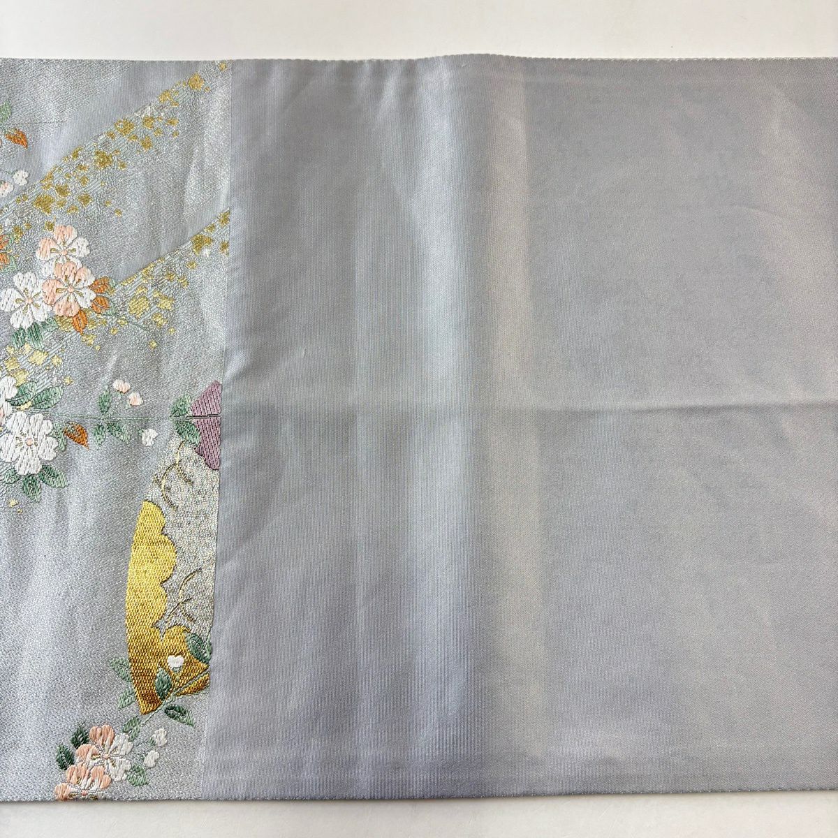 袋帶 秀品級 櫻花 扇子面 刺繡 金金箔 灰 深藍 六通 純蠶絲